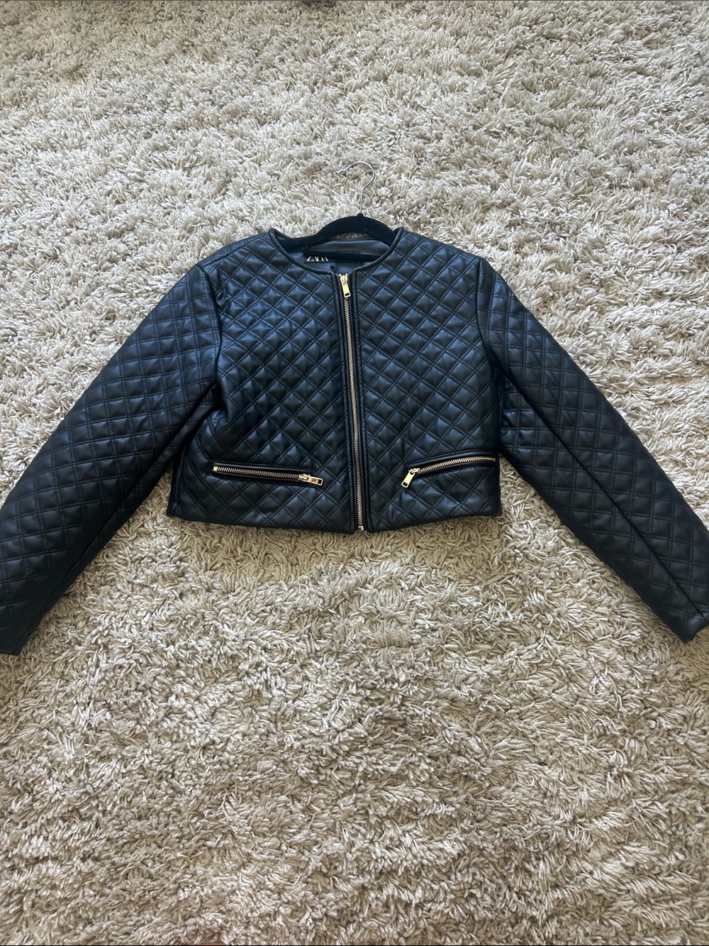 Zara Black Quilted Cropped Leather Jacket with Gold Hardware